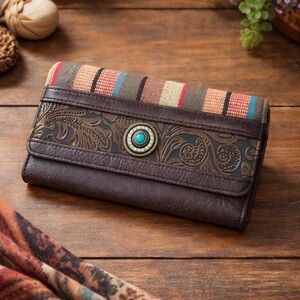 Boho Western Brown Faux Leather Wallet Turquoise Concho Snap